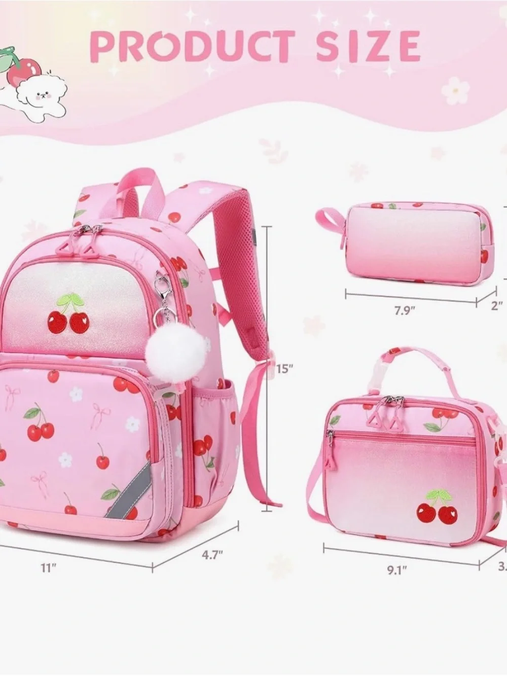 Brand New Kids Pink Cherry Backpack Set - Lunch Bag & Pencil Case